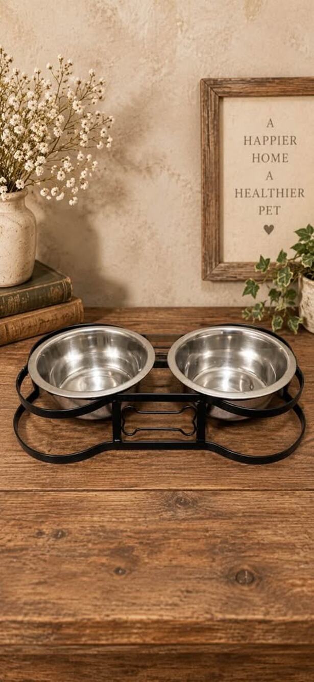 Elevated Double Dog Bowl Feeder with Metal Bone-Shaped Stand